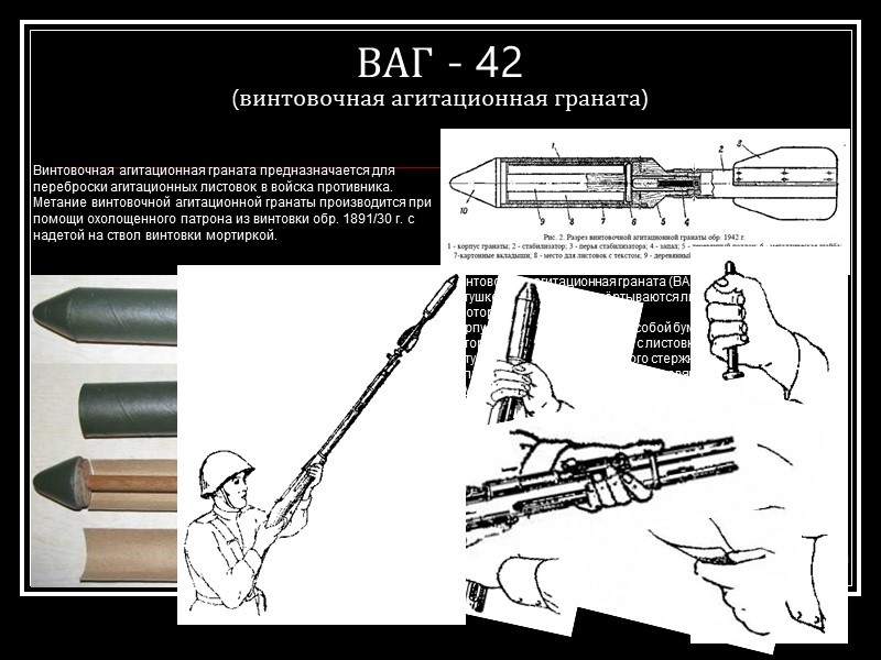 ВАГ - 42  (винтовочная агитационная граната) Винтовочная агитационная граната предназначается для переброски агитационных